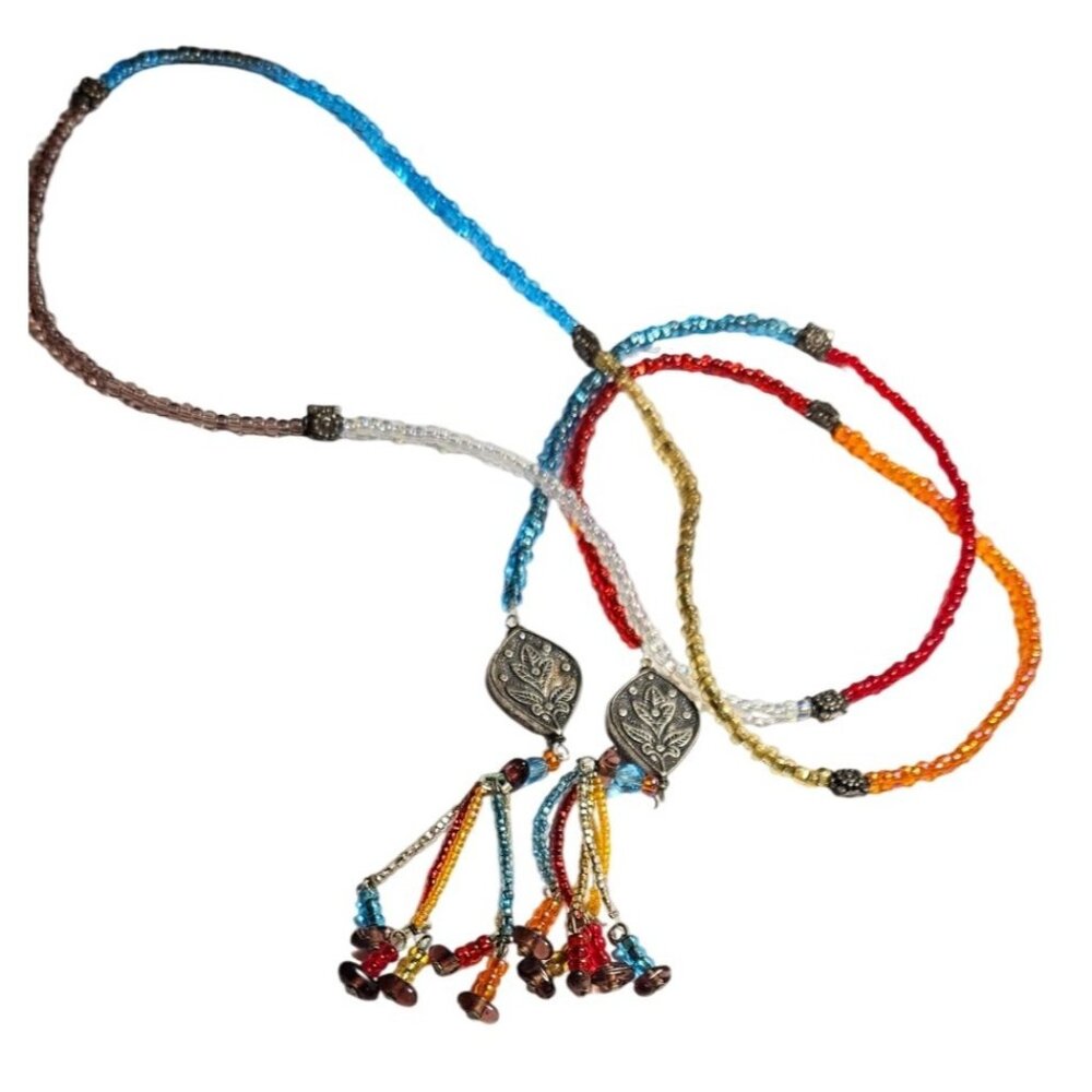 Vintage Necklace Tassel Glass Colorful Beaded Silver-Toned Floral Pendant Tribal